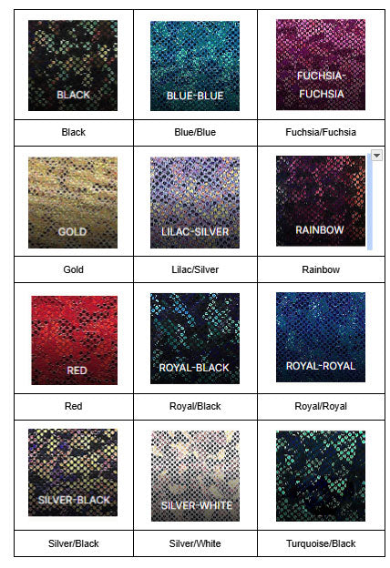 A grid of 13 sequined fabric swatches, each labeled by color like Black, Fuchsia/Fuchsia, Gold, and Rainbow, displays dazzling options for the Mermaid Prom Dress with Bow: Jessica Angel 2598—perfect for making a bold statement.